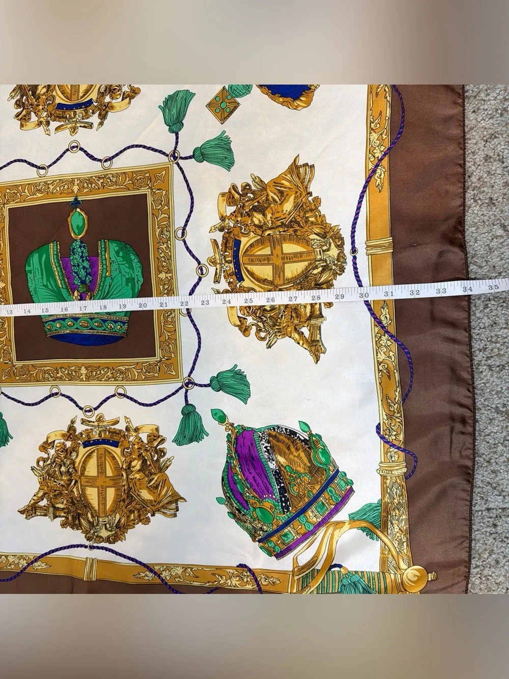 Ornate Crown-Print Silk-Feel Scarf in Brown, Green & Purple